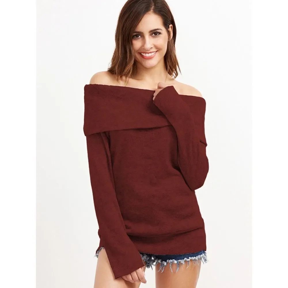 ✨Burgundy Off The Shoulder Foldover Knit T-shirt✨